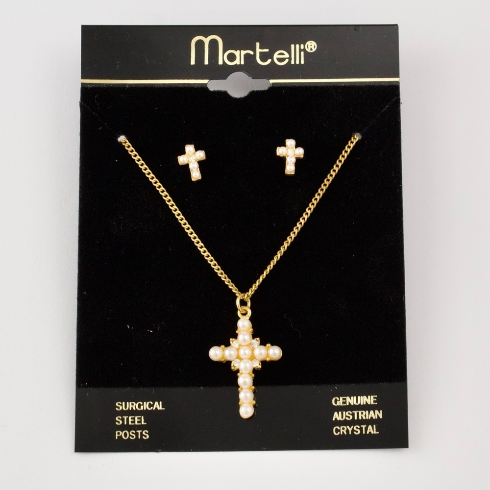 Vintage Martelli Faux Pearl & Austrian Crystal Cross Necklace Stud Earrings Set